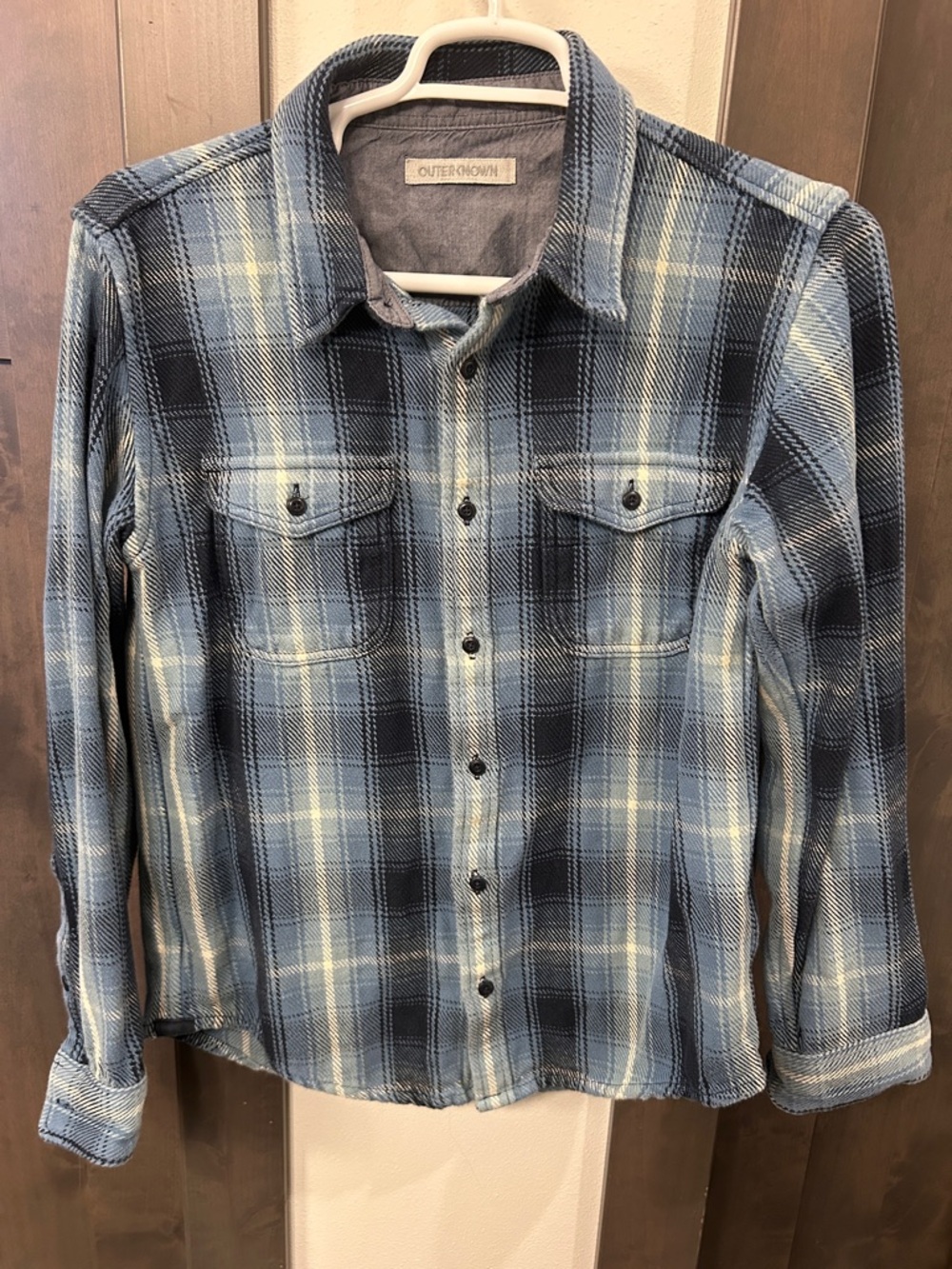 OUTERKNOWN Blanket Shirt Puget plaid size Large blue plaid heavy duty and cool